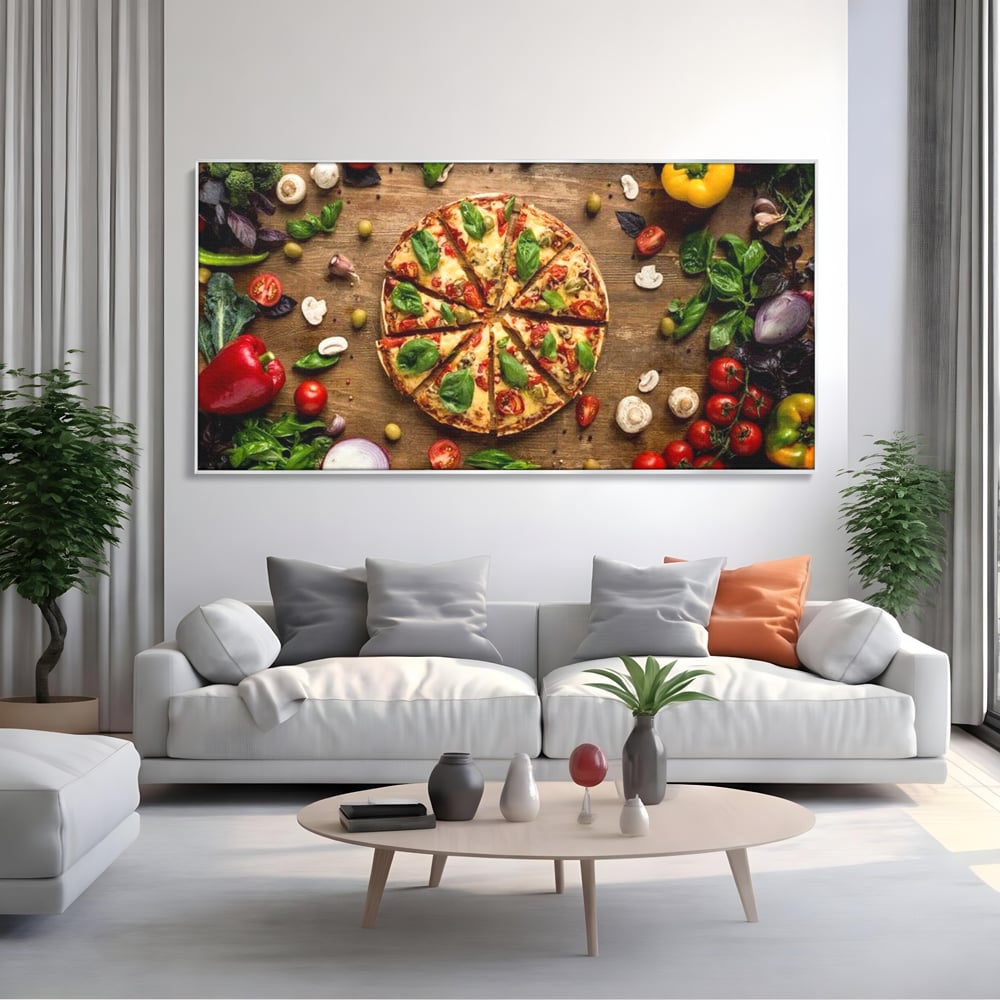 Tablou canvas cu tablou canvas cu pizza si legume, in rama de aluminiu argintiu, pe perete intr-un living
